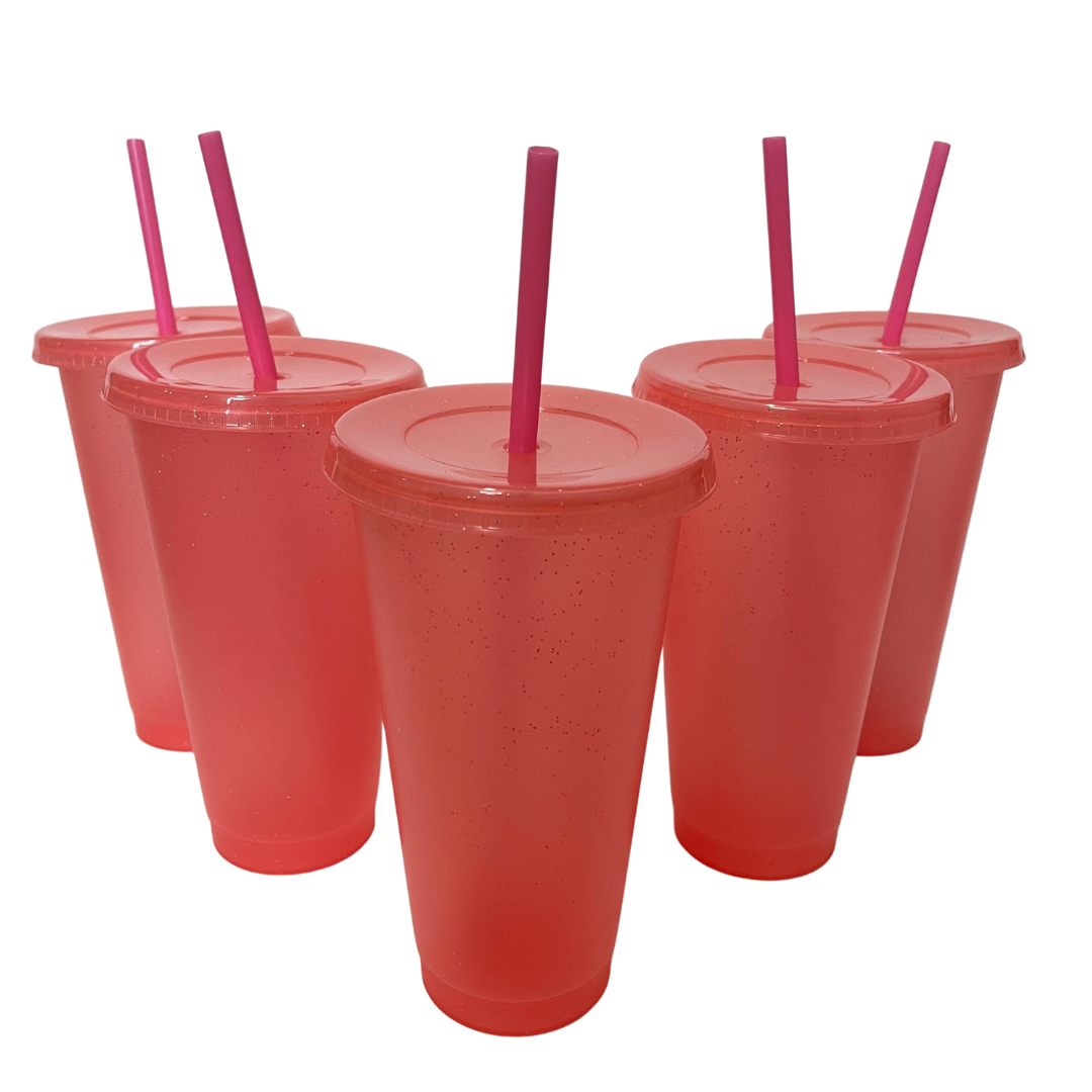 Red Glitter Plastic Reusable Cold Cup with Lid & Straw - 24 fl oz