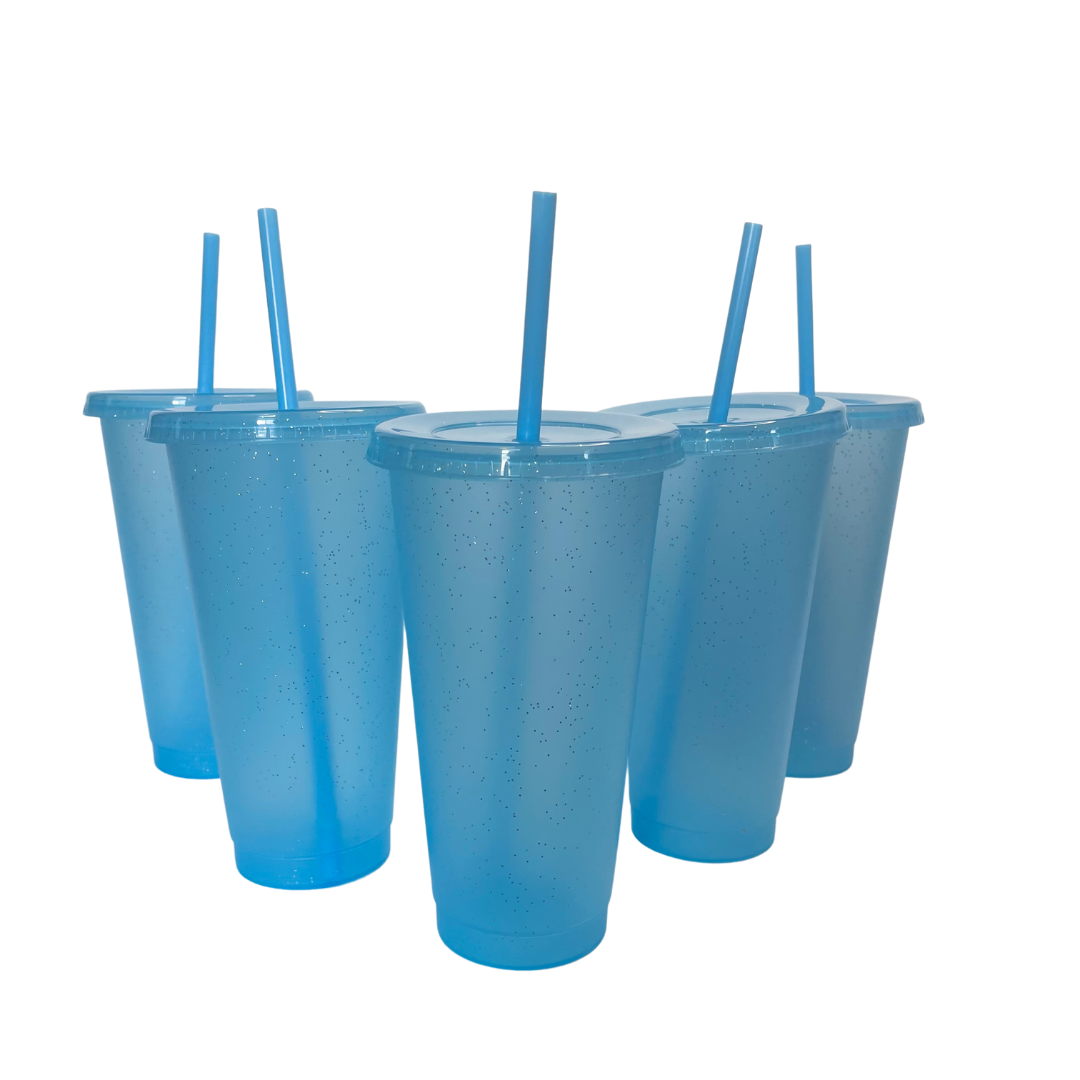 Glitter Plastic Cups with Straws and Lid,5 Packs 24 oz. Colorful