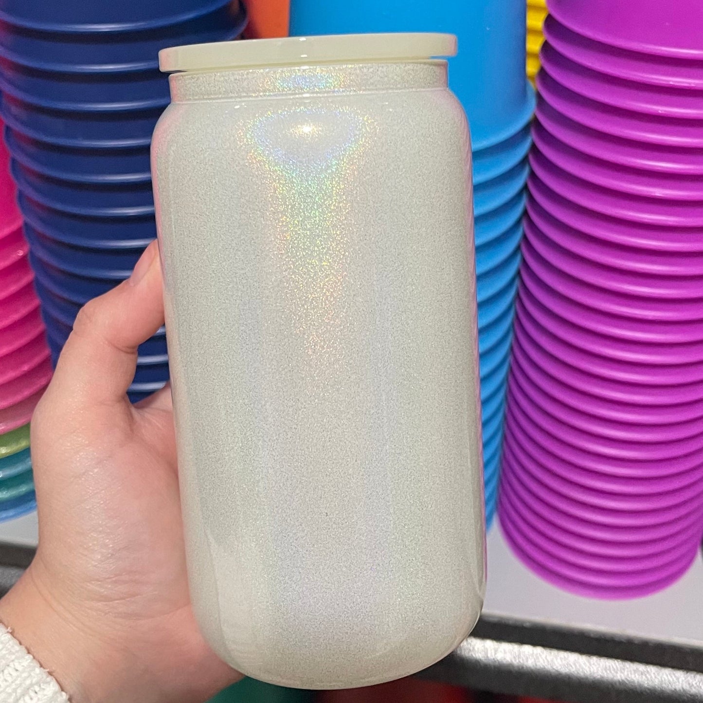 16oz Glitter Shimmer Sublimation Glass Can